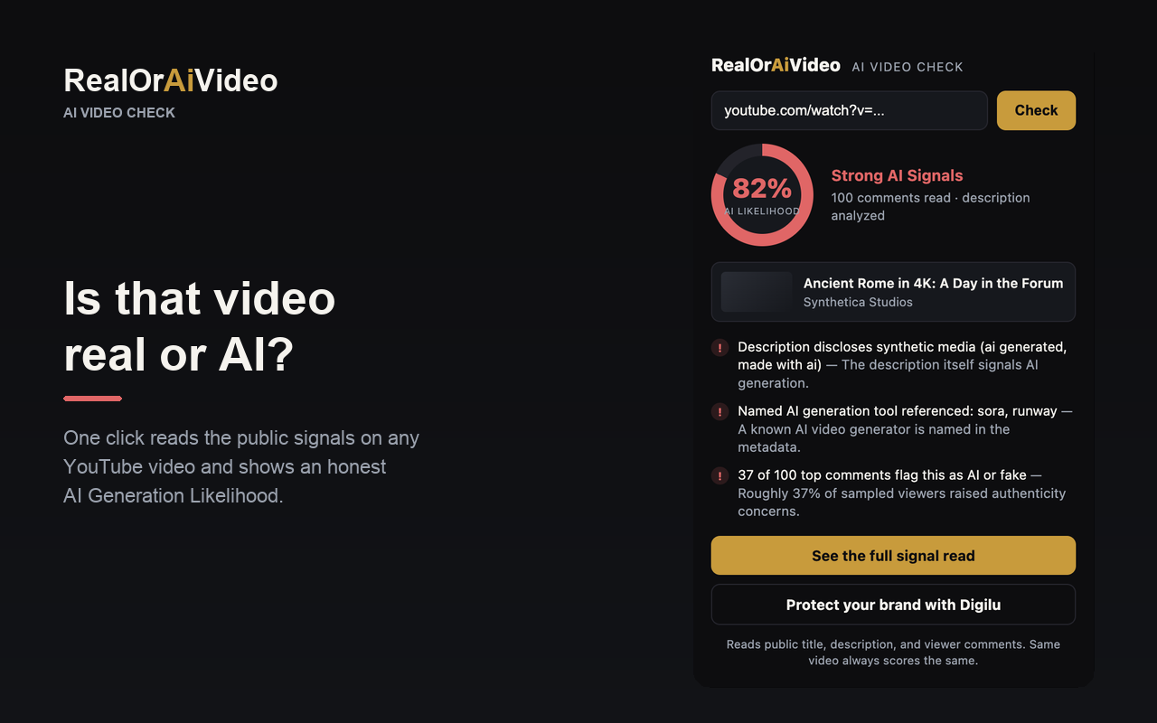 RealOrAiVideo extension popup showing an AI generation likelihood score for a YouTube video