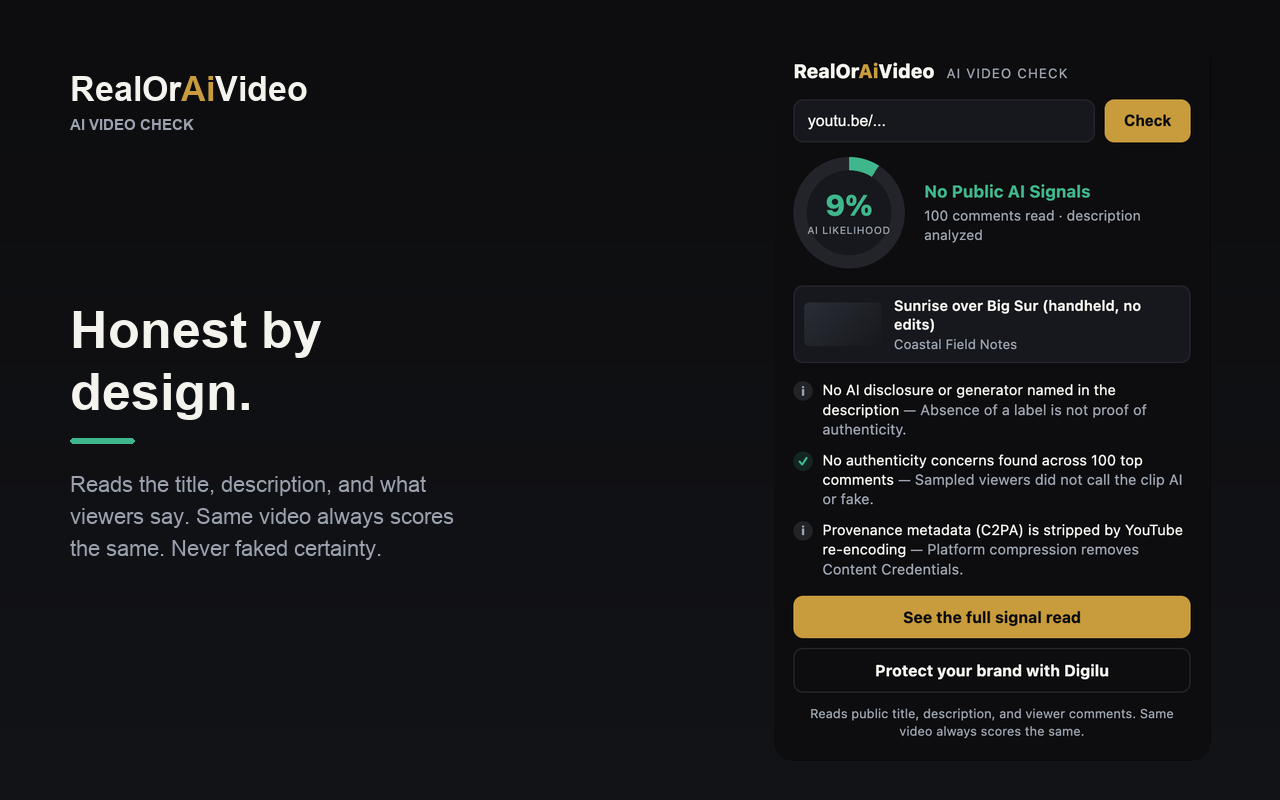 RealOrAiVideo extension popup showing the public signals behind the score